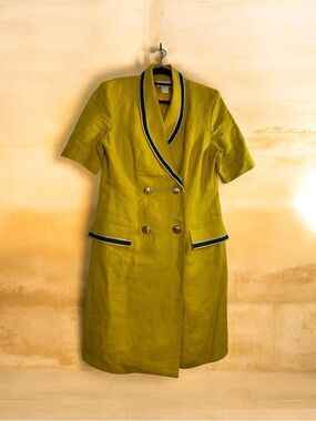 Vintage USA Made Double-Breasted Mustard Linen Dress with Navy Trim